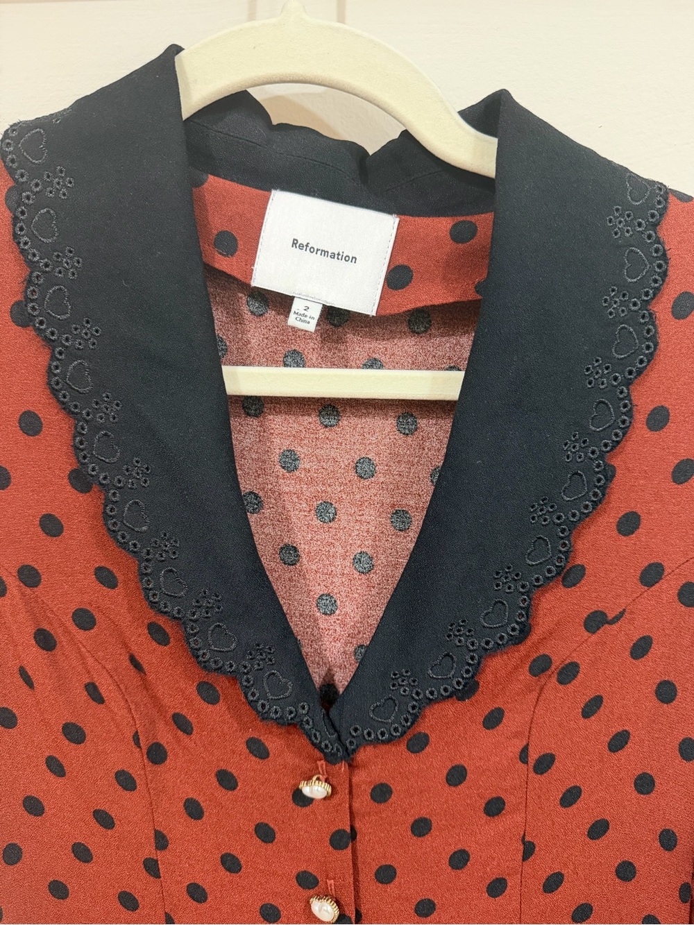 Reformation Brown Polka Dot Mini Dress with Black Scallop Collar - Picture 6 of 7